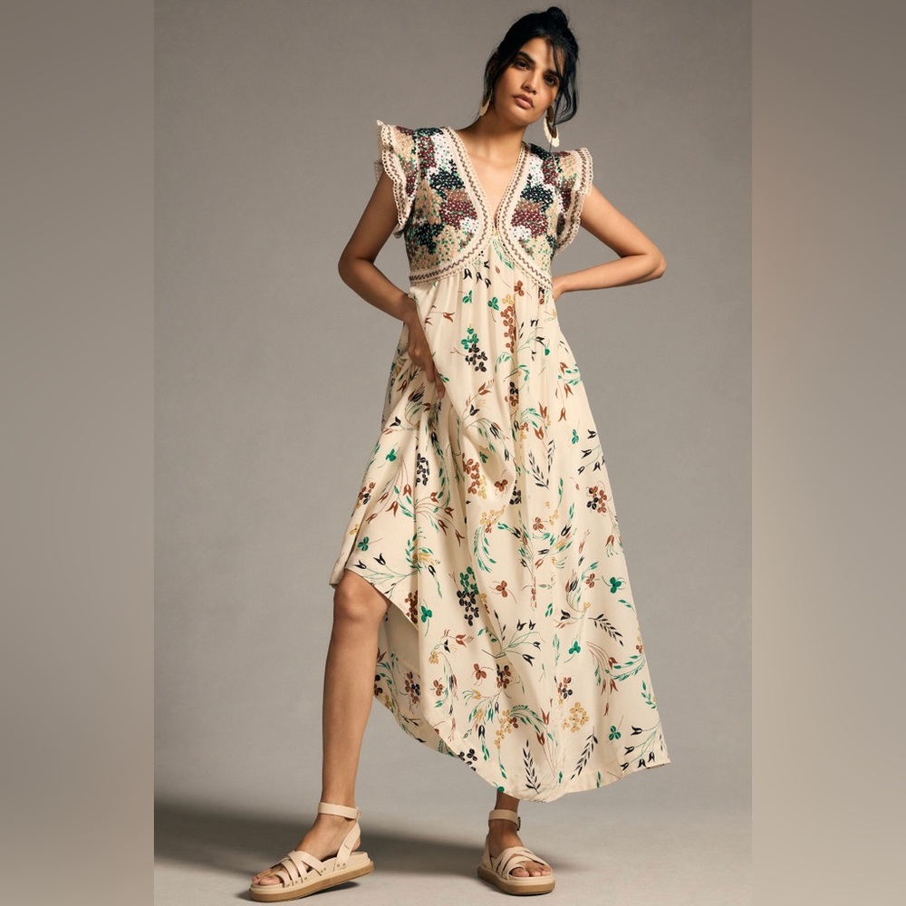 Anthropologie Printed V-Neck Maxi Dress